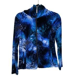 Onque Petite Blue Velour Zip Up Jacket Mob Wives Vtg Y2K Mock neck